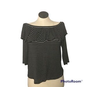 American Eagle Womens White Black Stripes Off The Shoulder 3/4 Sleeve Shirt Sz L